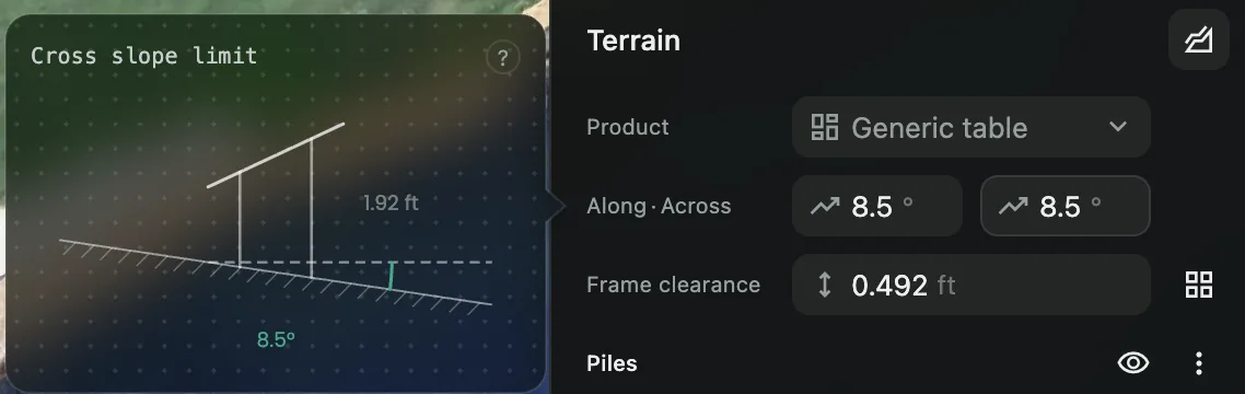 The terrain settings in Solesca: the cross slope limit diagram, the along and across limits in degrees, and the frame clearance