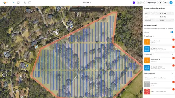 Screen recording in Solesca: a ground-mount design, then the site plan of a generated plan set