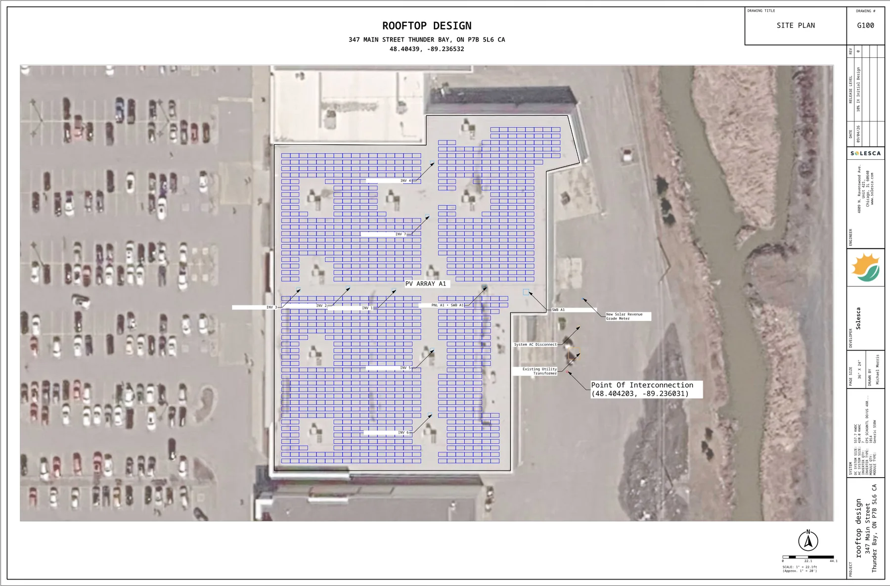 Sheet G100 site plan: PV array, inverters, switchboard, meter and point of interconnection on the aerial