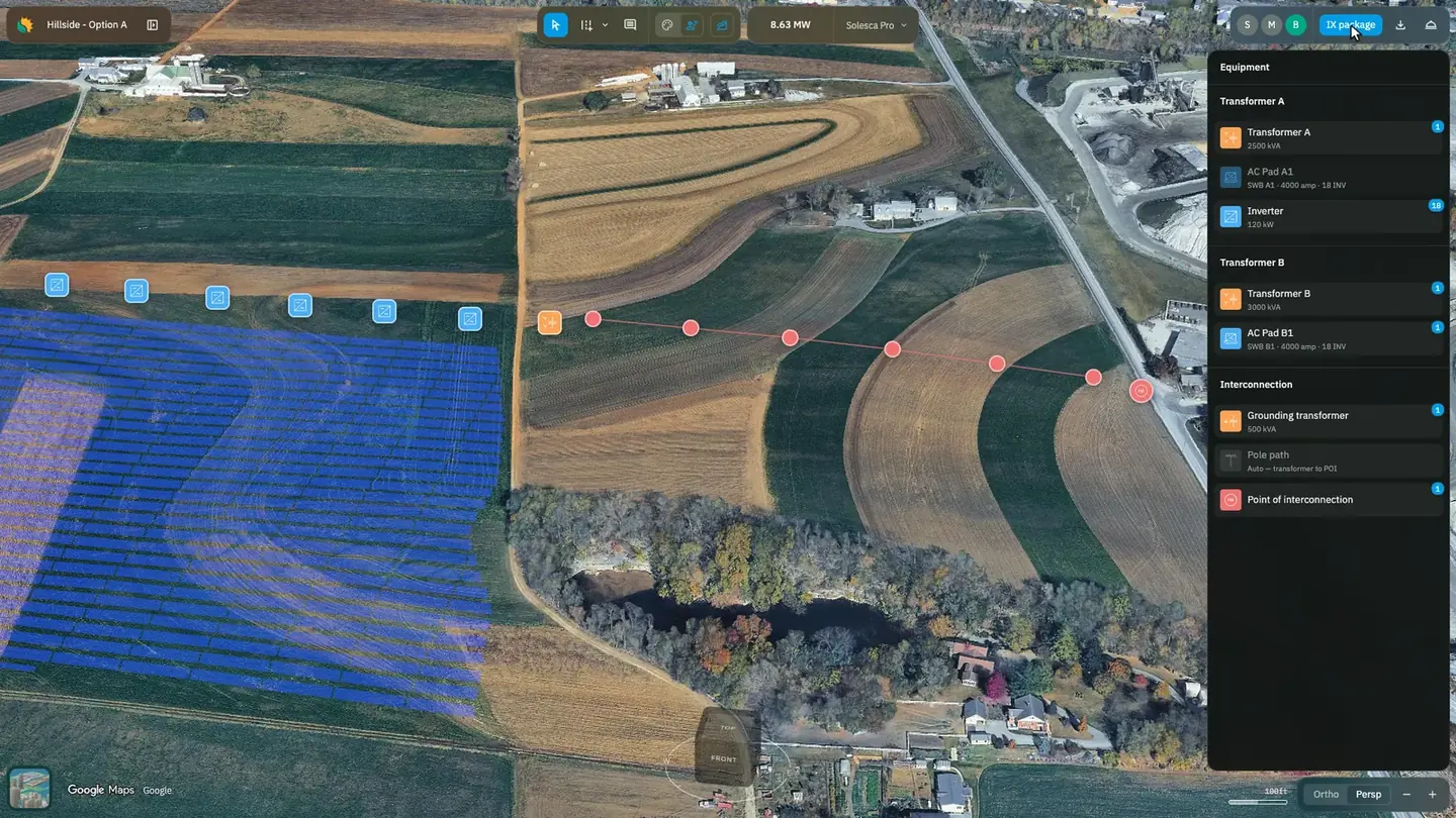 A ground-mount design in Solesca with AC equipment placed beside the array, a pole path drawn to the point of interconnection, and the equipment panel listing transformers, AC pads, inverters and the interconnection