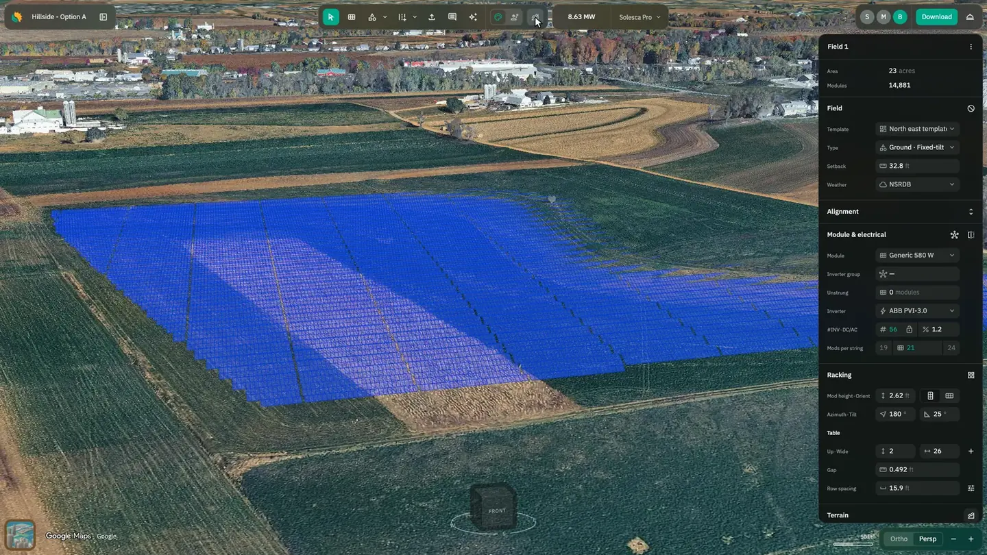 A fixed-tilt ground-mount array in Solesca, seen at an angle over farmland, with the field panel open on the module, inverter and racking it is built from