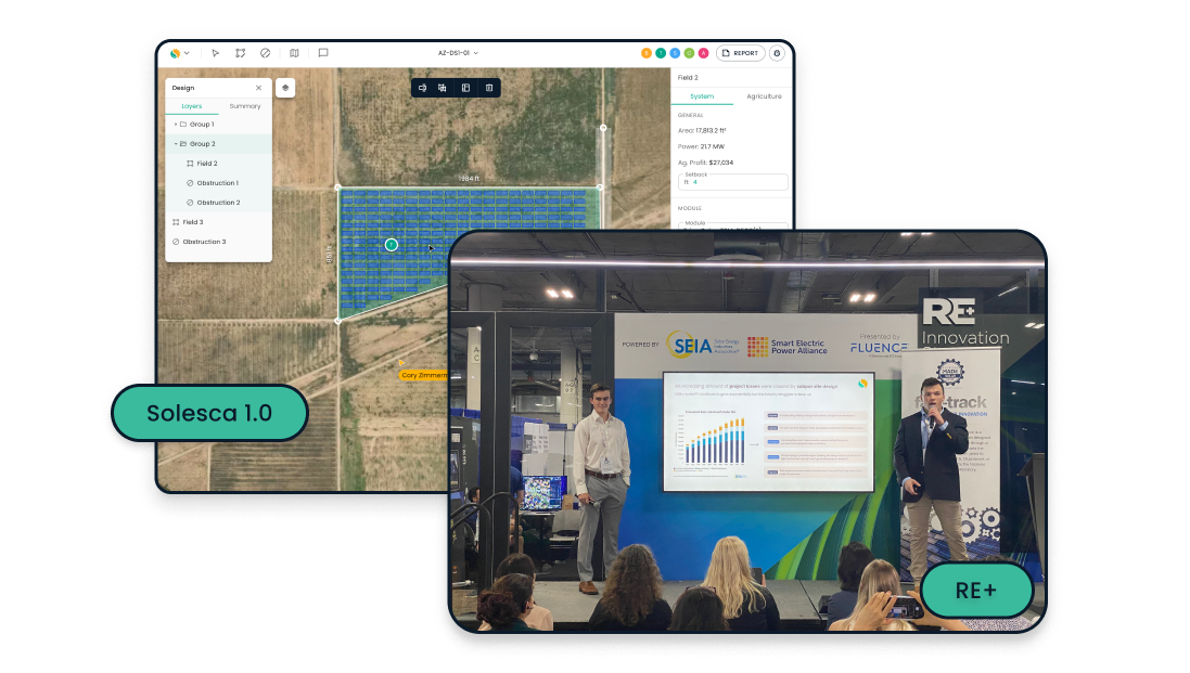 Solesca 1.0's design view, beside the cofounders presenting on stage at RE+