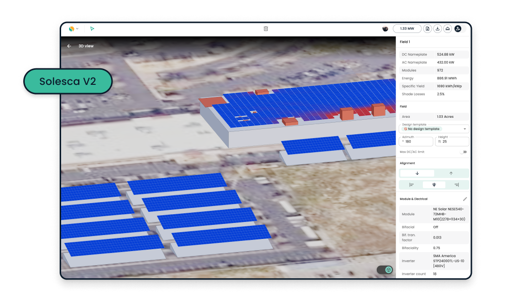 Solesca V2's 3D view of rooftop and carport arrays